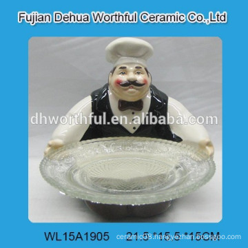 Ceramic chef cake plate w/ glass dish for kitchen